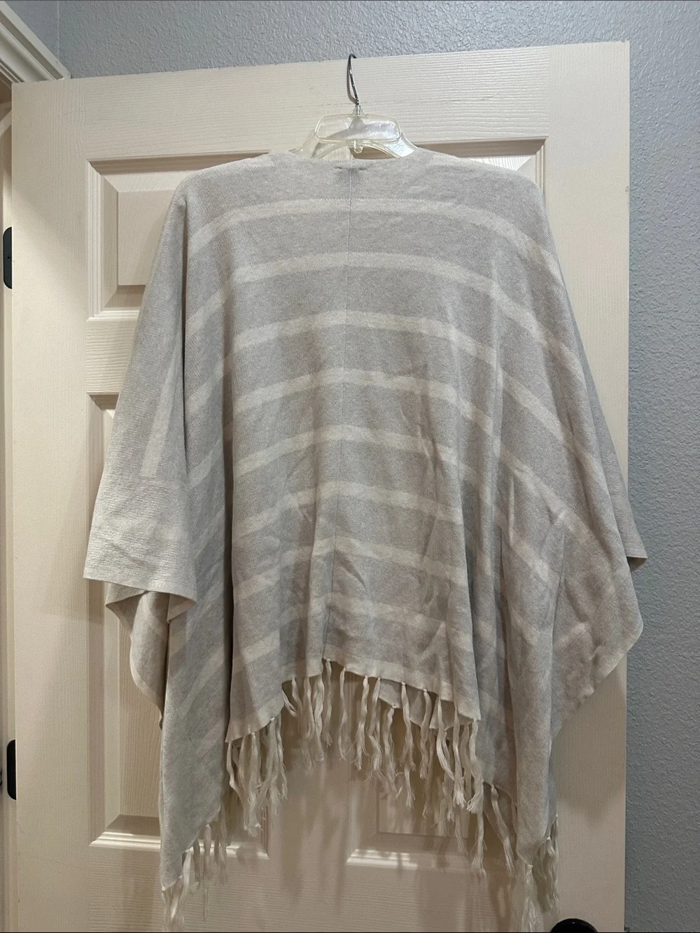 Cabi Fringe Poncho Wrap Shawl - Neutral Cream Striped